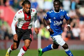 Southampton's Sékou Mara, left, during the Premier League match between Saints and Everton on Saturday 1st October 2022, at St Mary’s Stadium, Southampton, England Picture: Chris Moorhouse/Southampton FC