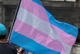 Person flying the transgender pride flag (blue, pink and white).