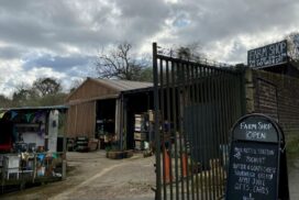 Exterior of the farm, with buildings, open gate and A-board visible.